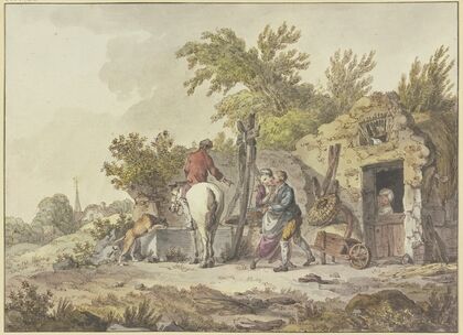 Rider with dog at a watering place, on the right, a man embraces a girl