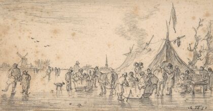 River Landscape in Winter with Figures Skating and Sleds