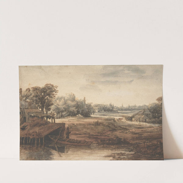 River Landscape with a Man Standing by a Boathouse by Philips Koninck