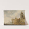 River landscape with a tower and village buildings behind a wall by Cornelis van der Schalcke