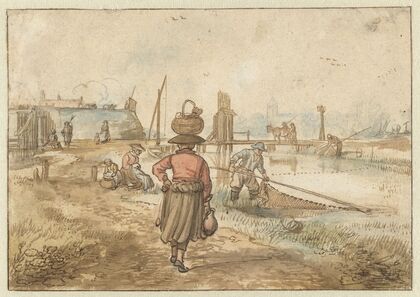 River Landscape with a Woman Carrying a Basket on her Head, Fishermen and Other Figures near the Walls of a Town