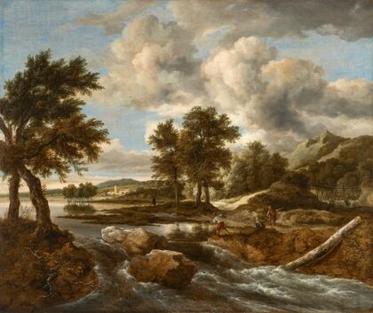 River landscape with figures on the banks of a torrent, a shepherd beyond