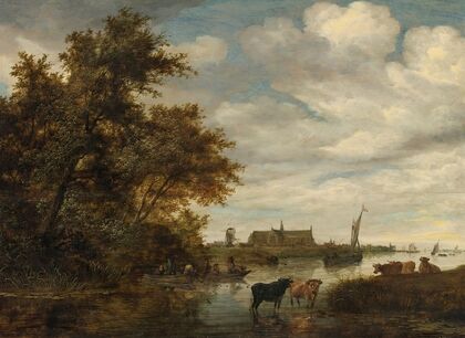River Landscape With Fishermen And Cattle, The Grote Kerk Of Alkmaar Beyond
