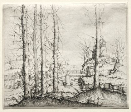 River Landscape with Five Bare Spruce Trees in the Foreground (1549)