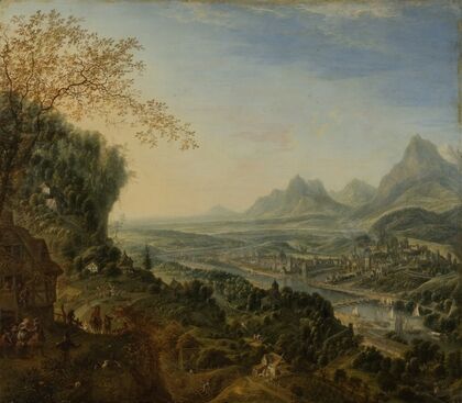 River Landscape with Rhine Motifs and Troops Passing