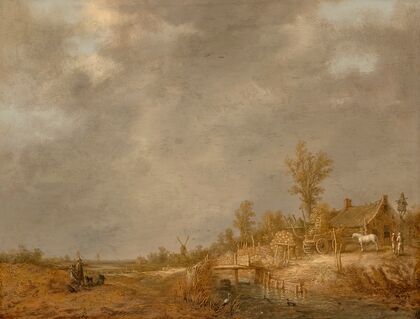 River landscape with travellers, a horse and cart next to a barn and windmills in the distance