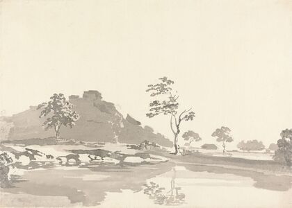 River Scene with a Fort on a hill in the middle distance