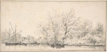 River Scene with Boats before a densely Wooded Bank