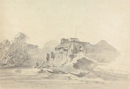River Scene with Native Buildings