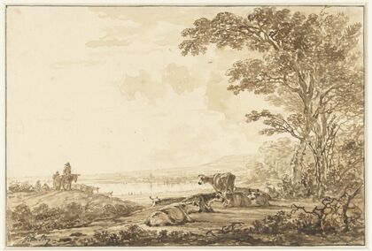 Rivierlandschap met rustend vee