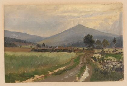 Road in Zlate Hory with a view of Mount Biskupia Kopa (1850-1881)