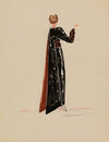 Robe noire avec ceinture et manches à motif oriental, traîne au dos (1938)