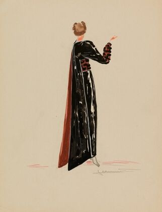 Robe noire avec ceinture et manches à motif oriental, traîne au dos (1938)
