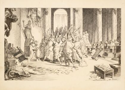 Robed men with bloody swords representing many Trusts have taken over a palace (1906) — size preview