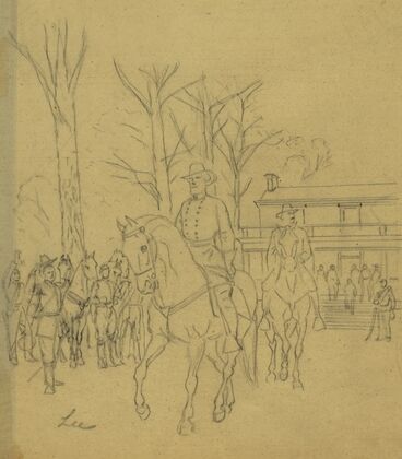 Robert E. Lee leaving the McLean House following his surrender to Ulysses S. Grant