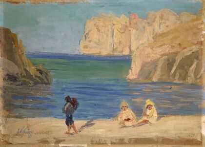 Rocky Bay with Two Seated Figures