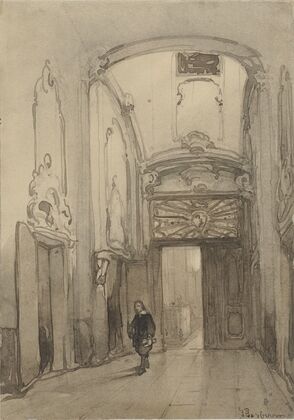 Rococo portaal in het stadhuis in Den Haag met een man in zeventiende-eeuws kostuum