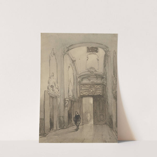 Rococo portaal in het stadhuis in Den Haag met een man in zeventiende-eeuws kostuum by Johannes Bosboom