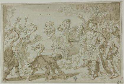 Roman Soldiers Stoning a Serpent