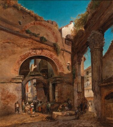 Rome, view at the Portico di Ottavia with the old fisher’s market