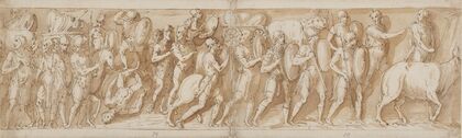 Romere på march; Marcus Aurelius, Pompejus og en oppasser overværer marchen; ophold på marchen