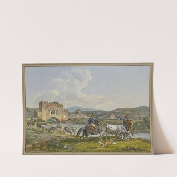 Römische Campagnoli zu Pferde fangen mit Hunden einen Stier ein by Johann Adam Klein