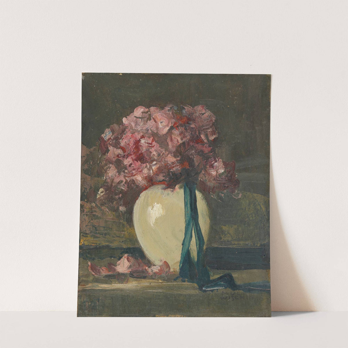 Rosa Blumen in weißer Vase by Anton Müller-Wischin