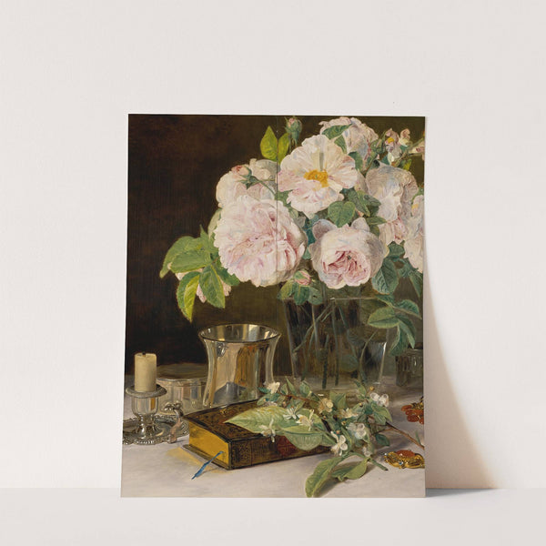 Rosen im Glas Stilleben mit Rosen, Leuchter und silbernem Becher (1831) by Ferdinand Georg Waldmüller
