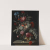 Roses, carnations, poppies, and hydrangea and an iris in glass vase with a snail and a butterfly on a stone ledge by Simon Verelst
