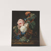 Roses, columbine, and poppies in a glass vase on a marble ledge with some grapes by Simon Verelst