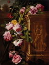 Roses in a garden with a sculpted plinth