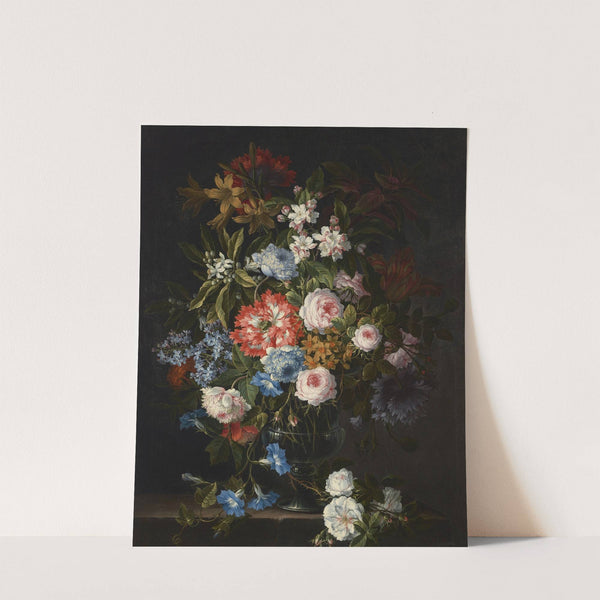 Roses, lilies, tulips, daffodils, morning glories and other flowers in a glass vase on a stone ledge by Antoine Monnoyer