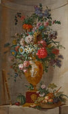 Roses, mums, lilac, a sunflower, an iris and other flowers in a sculpted vase, a basket of fruit and a recorder (1803)
