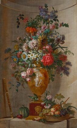 Roses, mums, lilac, a sunflower, an iris and other flowers in a sculpted vase, a basket of fruit and a recorder (1803)