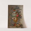 Roses, mums, lilac, a sunflower, an iris and other flowers in a sculpted vase, a basket of fruit and a recorder (1803) by Willem van Leen