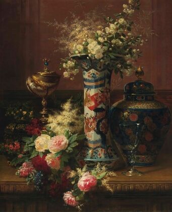 Roses, Peonies and Forget-me-nots in a Japanese Vase