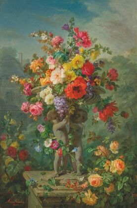 Roses, Poppies, Hollyhocks, Pansies and Wisteria in a stone urn supported by putti on a plinth