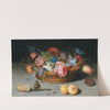 Roses, tulips, irises and other flowers in a wicker basket, with fruit and insects on a ledge by Balthasar van der Ast