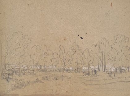 Rough sketch of a gathering in the woods with carts and wagons and many cabins or tents beneath the trees (1853)
