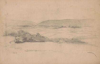Rough sketch of landscape with hills, fields, trees, and the roof of a house (1850)