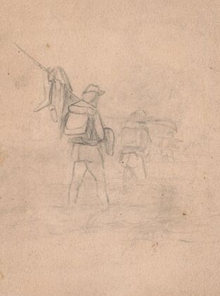 Rough sketch of soldiers walking with backpacks