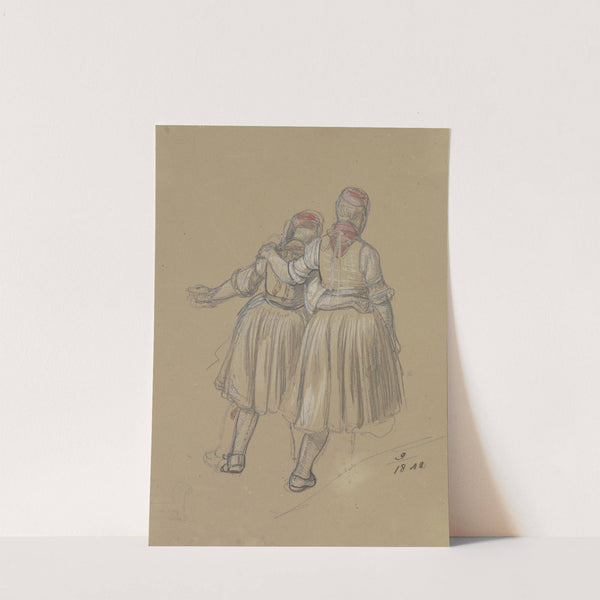 Rückenansicht zweier nebeneinander gehender Mädchen in hessischer Tracht by Jakob Fürchtegott Dielmann