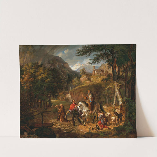 Rudolph von Habsburg leitet einen Geistlichen mit dem Abendmahle durch einen Bach by Friedrich Wilhelm Müller