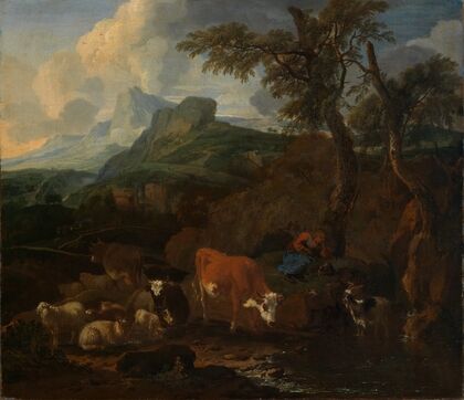 Ruhende Hirtin mit Herde in südlicher Landschaft