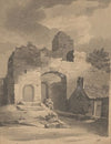 Ruined stone house with seated figure