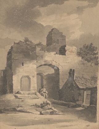 Ruined stone house with seated figure