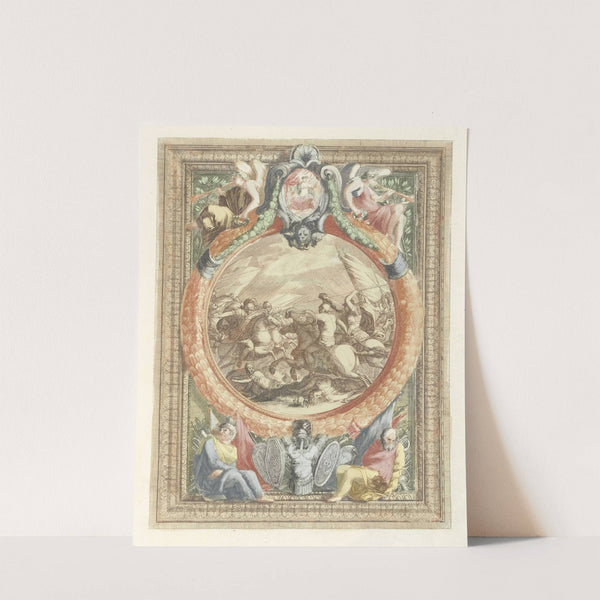 Ruitergevecht in ornamentele omlijsting by Anonymous