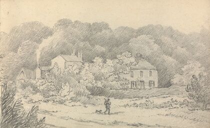 Rural Scene with Houses and a Hunter and His Dog