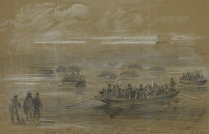 Russells Brigade, 1st div. 6th Army Corps, crossing in Pontoons to storm the enemies rifle pits on the Rappahannock