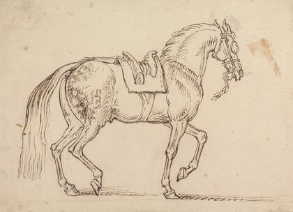 Saddled Horse, with a Crest Branded on His Flank, Walking to Right